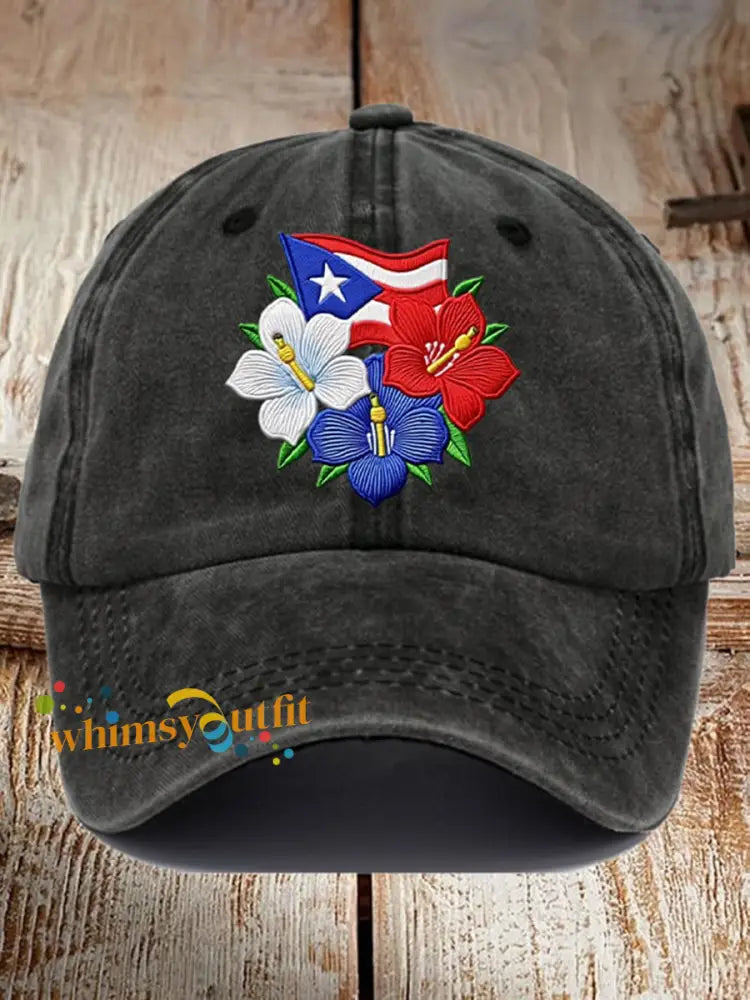 Unisex Retro Puerto Rico Print Hat Black / ONE