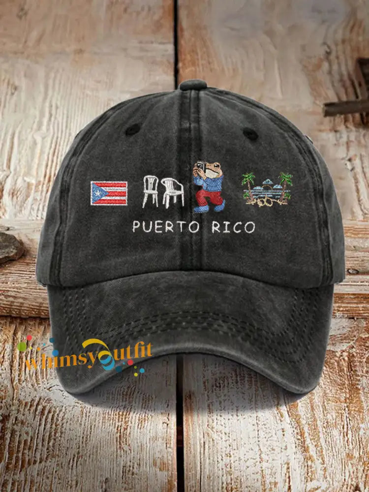 Unisex Retro Puerto Rico Print Hat Black / ONE