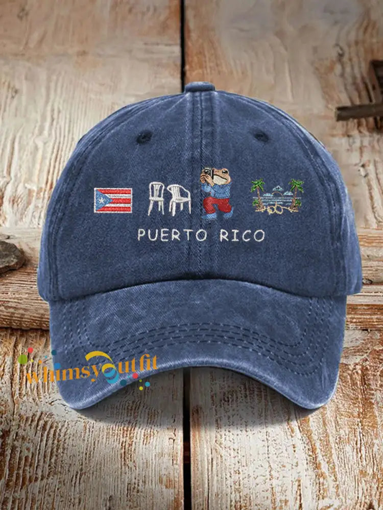 Unisex Retro Puerto Rico Print Hat Navy Blue / ONE