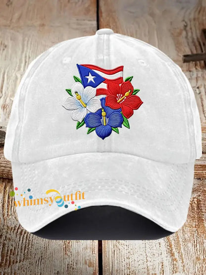 Unisex Retro Puerto Rico Print Hat White / ONE
