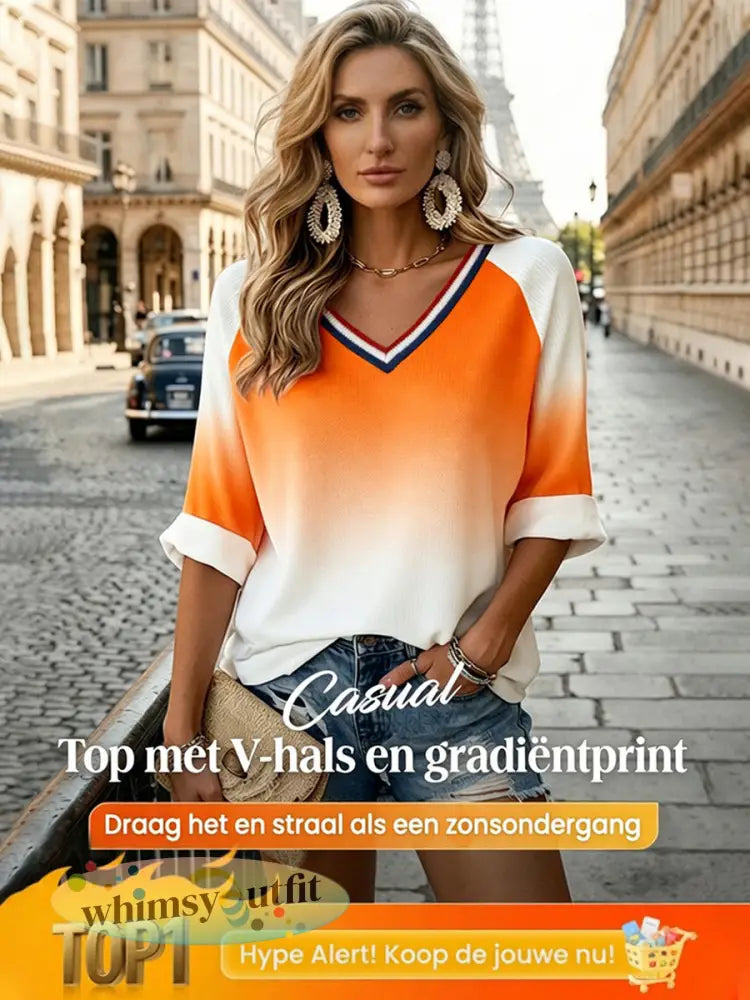 V-hals lange mouwen - Oranje wit / S