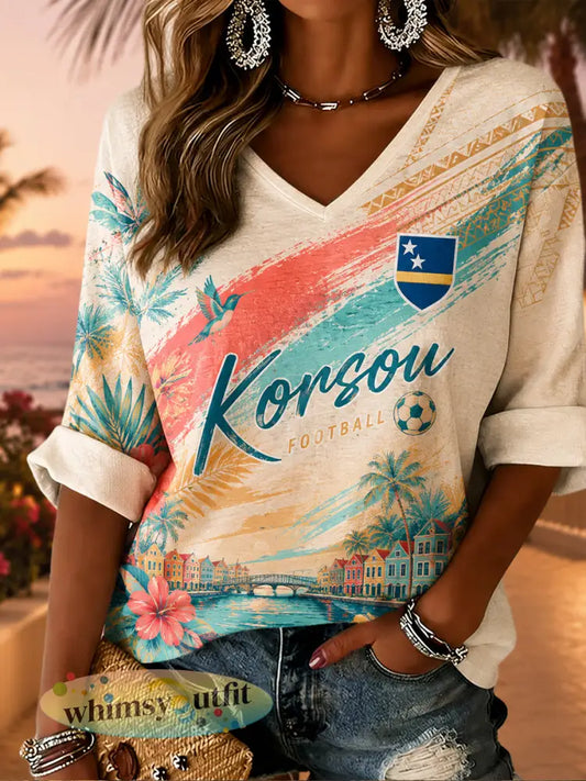 Vakantiestijl dames-T-shirt met eilandvoetbalprint en V-hals - A / S