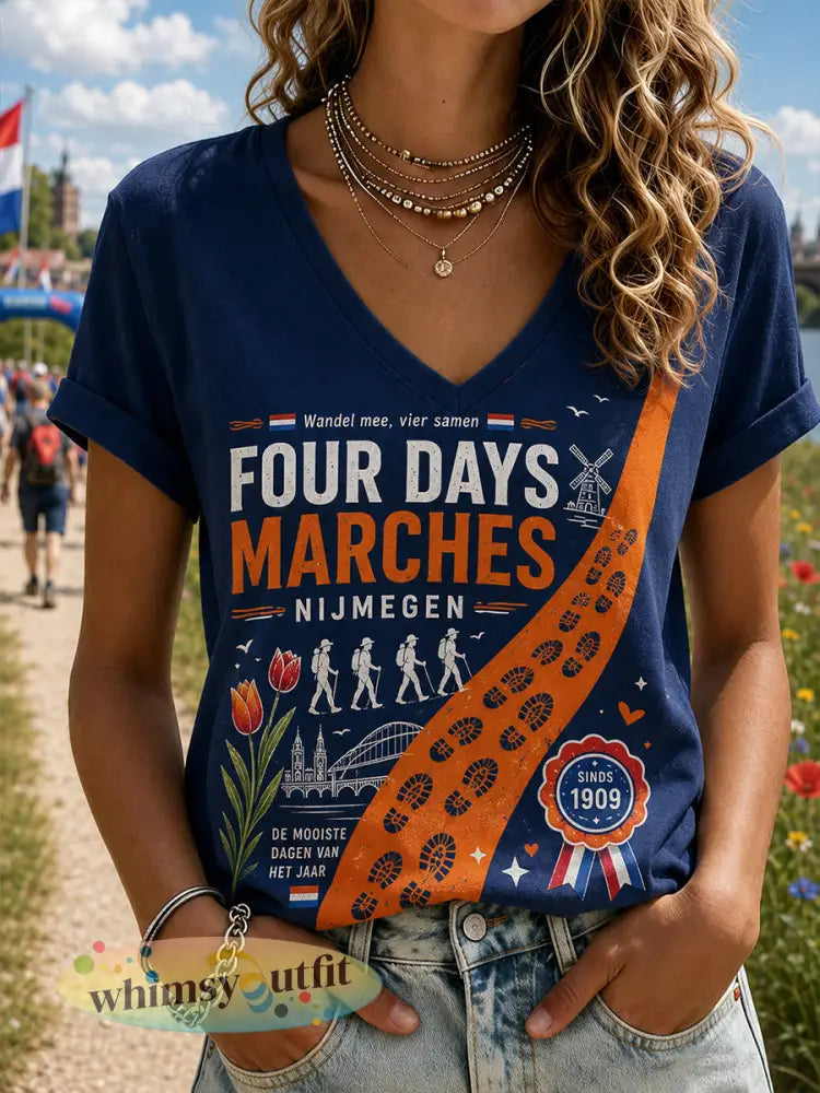 Vierdaagsefeestgrafiek T-shirt met V-hals voor dames - A / S