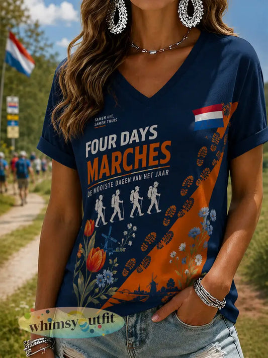 Vierdaagsefeestgrafiek T-shirt met V-hals voor dames - A / S