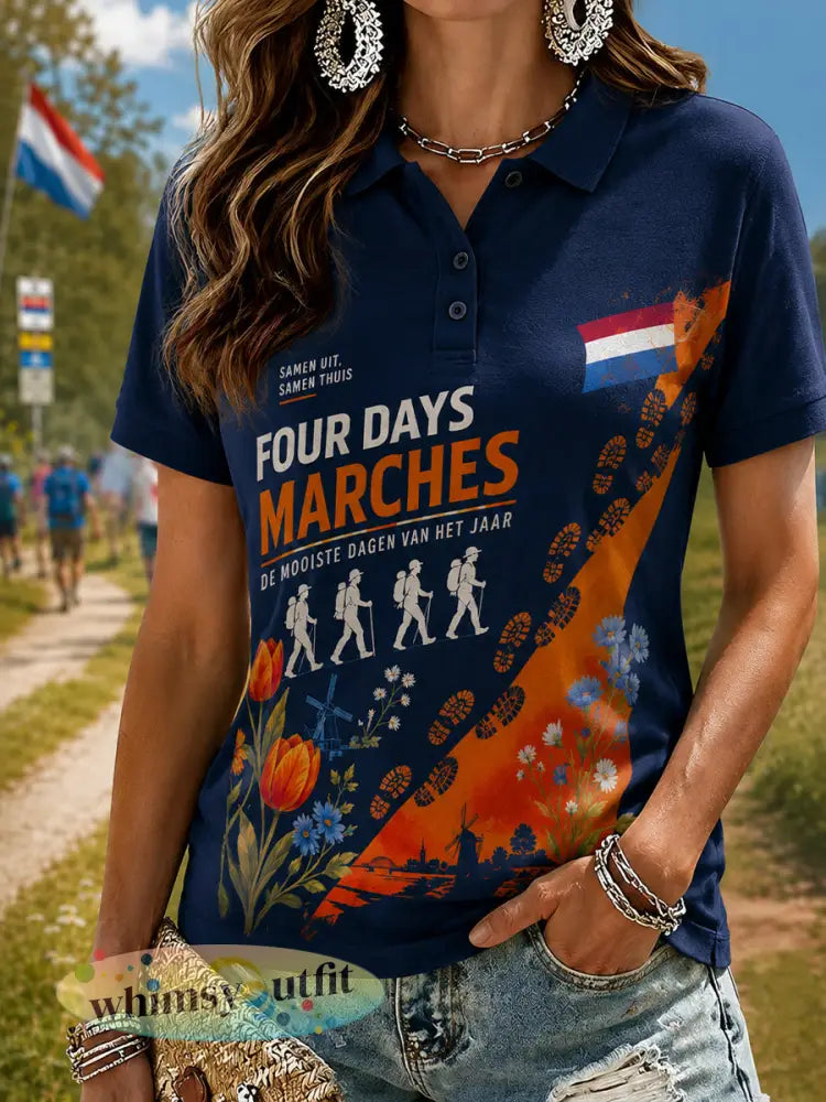 Vierdaagsefeestgrafische print poloshirt met korte mouwen voor dames - A / S