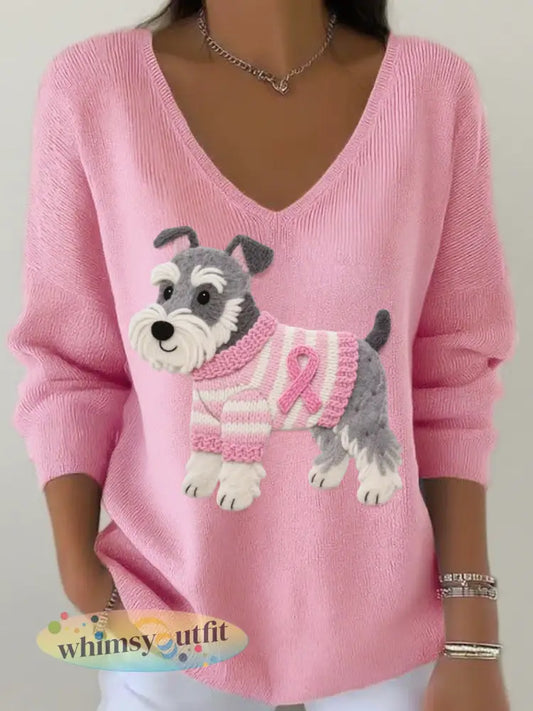 Vilt Art Schnauzer patroon V-hals ribtop voor dames - Roze / S