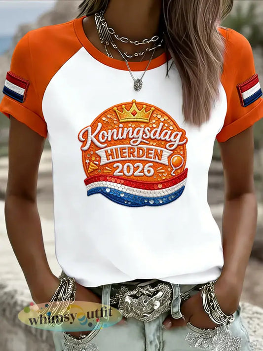 Vintage 2026 koningsdag casual T-shirt voor dames - Sinaasappel / S