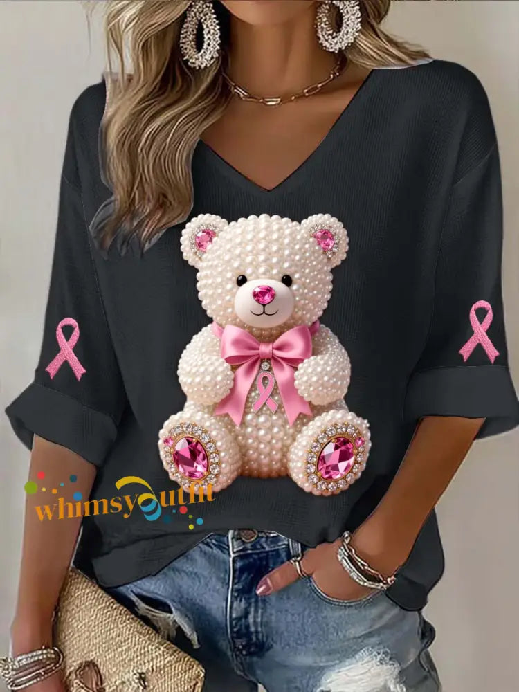 Vintage Breast Cancer Bear Pearls Abstract Print Casual Cotton Long Sleeve T Shirt Black / S