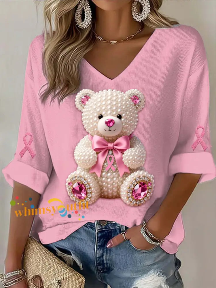 Vintage Breast Cancer Bear Pearls Abstract Print Casual Cotton Long Sleeve T Shirt Dark Pink / S