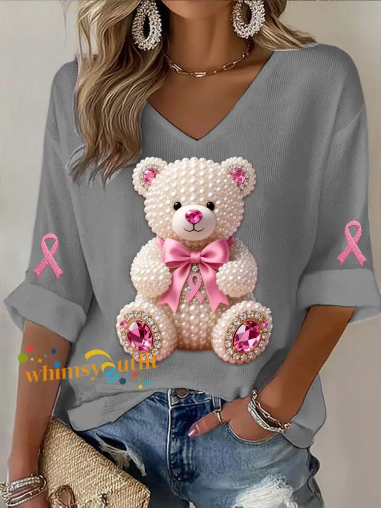 Vintage Breast Cancer Bear Pearls Abstract Print Casual Cotton Long Sleeve T Shirt Gray / S