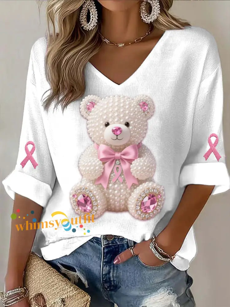 Vintage Breast Cancer Bear Pearls Abstract Print Casual Cotton Long Sleeve T Shirt Pink / S