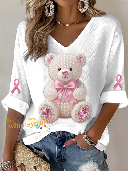 Vintage Breast Cancer Bear Pearls Abstract Print Casual Cotton Long Sleeve T Shirt Pink / S