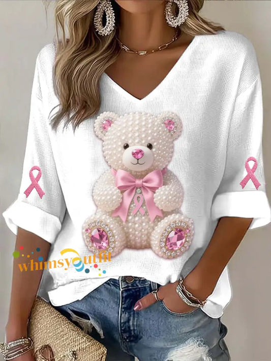 Vintage Breast Cancer Bear Pearls Abstract Print Casual Cotton Long Sleeve T Shirt Pink / S