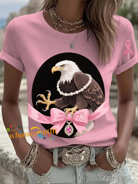 Vintage Breast Cancer Eagle Pearls Print Casual Cotton Short Sleeve T Shirt Pink / S
