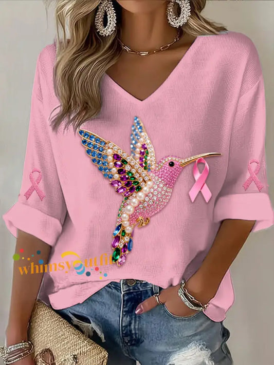 Vintage Breast Cancer Hummingbird Colorful Pearls Abstract Print Casual Cotton Long Sleeve T Shirt Pink / S