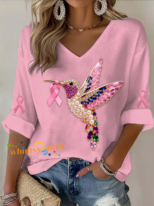 Vintage Breast Cancer Hummingbird Colorful Pearls Abstract Print Casual Cotton Long Sleeve T Shirt Pink / S