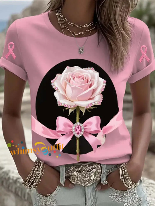 Vintage Breast Cancer Rose Floral Pearls Print Casual Cotton Short Sleeve T Shirt Pink / S