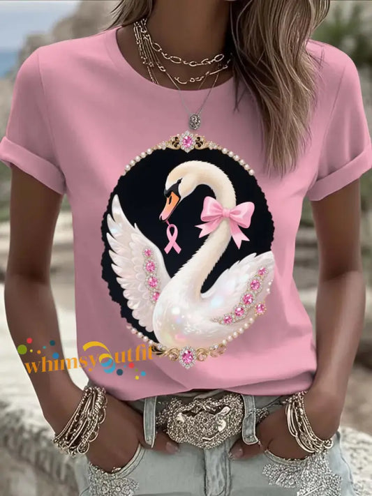 Vintage Breast Cancer Swan Pearls Print Casual Cotton Short Sleeve T Shirt Pink / S