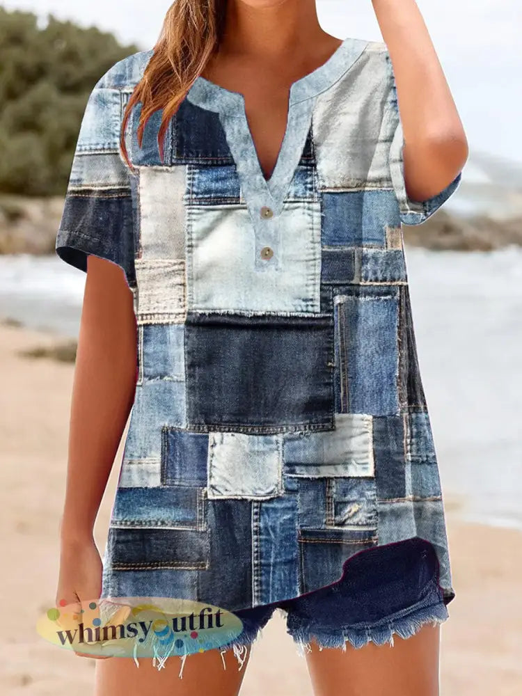 Vintage denim-patch katoenen linnen korte mouwen voor dames - als foto / S