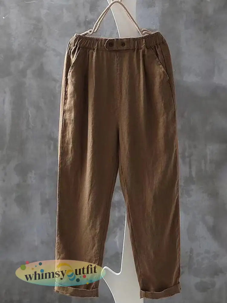 Vintage eenvoudige linnen broek voor dames - Kaki / M