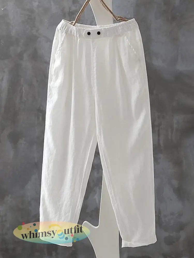 Vintage eenvoudige linnen broek voor dames - Wit / M