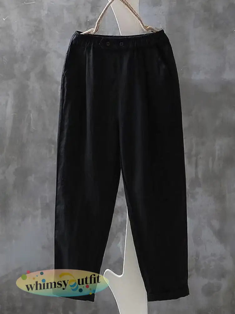 Vintage eenvoudige linnen broek voor dames - Zwart / M