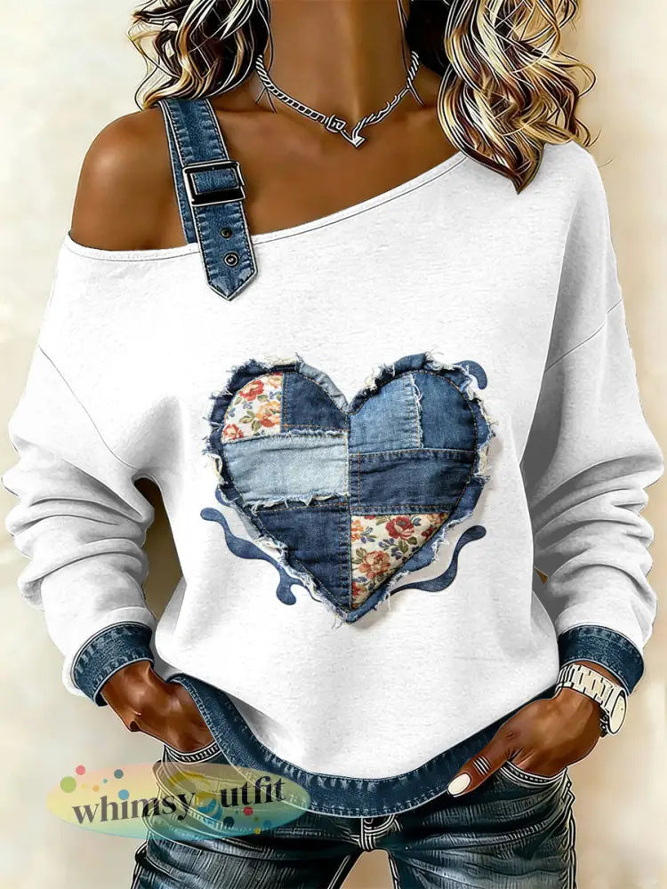 Vintage gebloemde patchwork print casual off-shoulder sweatshirt voor dames - als foto / S