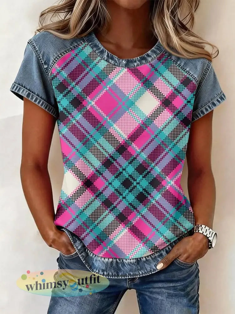 Vintage geruite print denim patchwork top voor dames - als foto / S