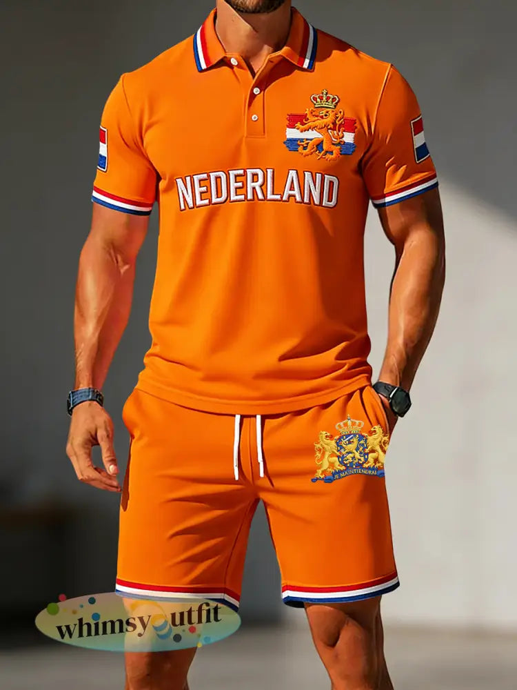 Vintage King’s Day Classic casual poloshirt en korte broek voor heren - Sinaasappel / S