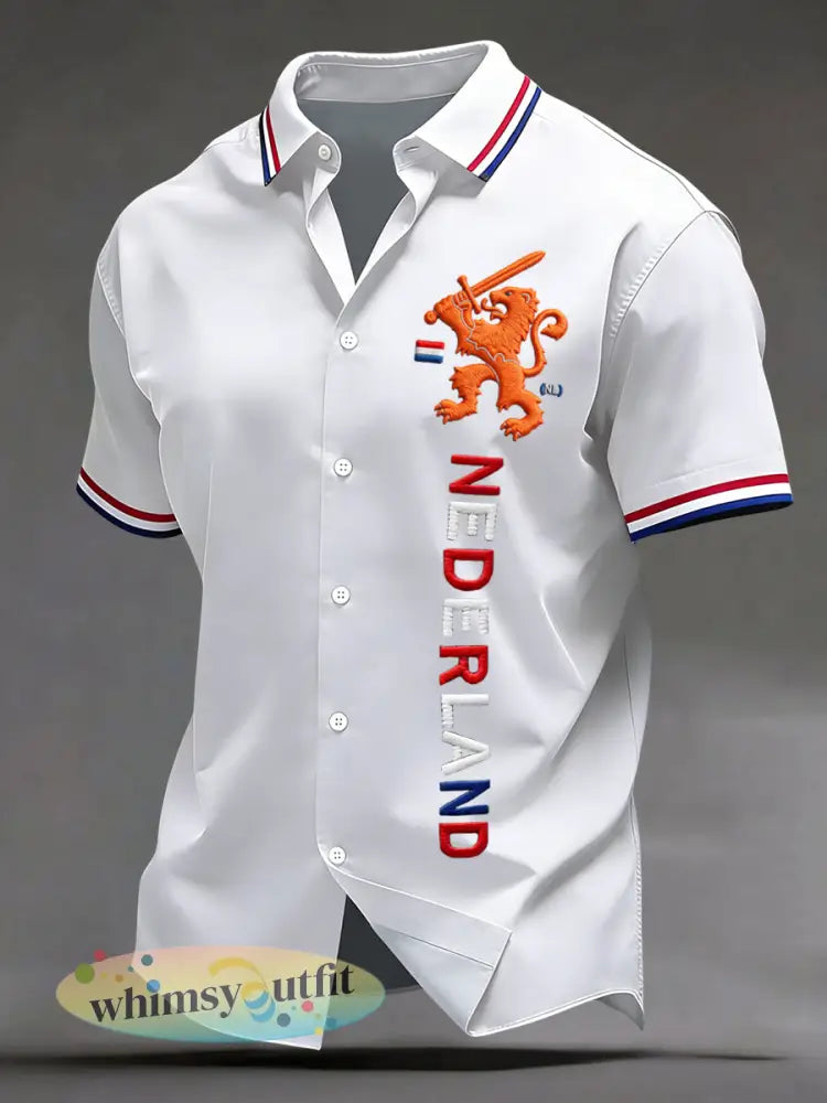 Vintage Koningsdag Leeuwenteken Casual Overhemd - Wit / S