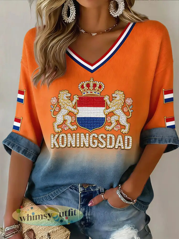 Vintage koningsdag voor dames-geïnspireerde casual met V-hals - Sinaasappel / S