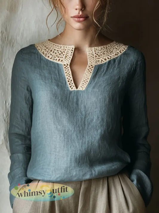 Vintage lace patchwork linnen overhemd voor dames - Blauw / S