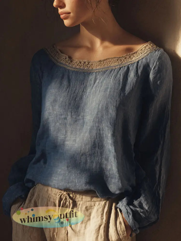 Vintage lace patchwork shirt voor dames - Blauw / S