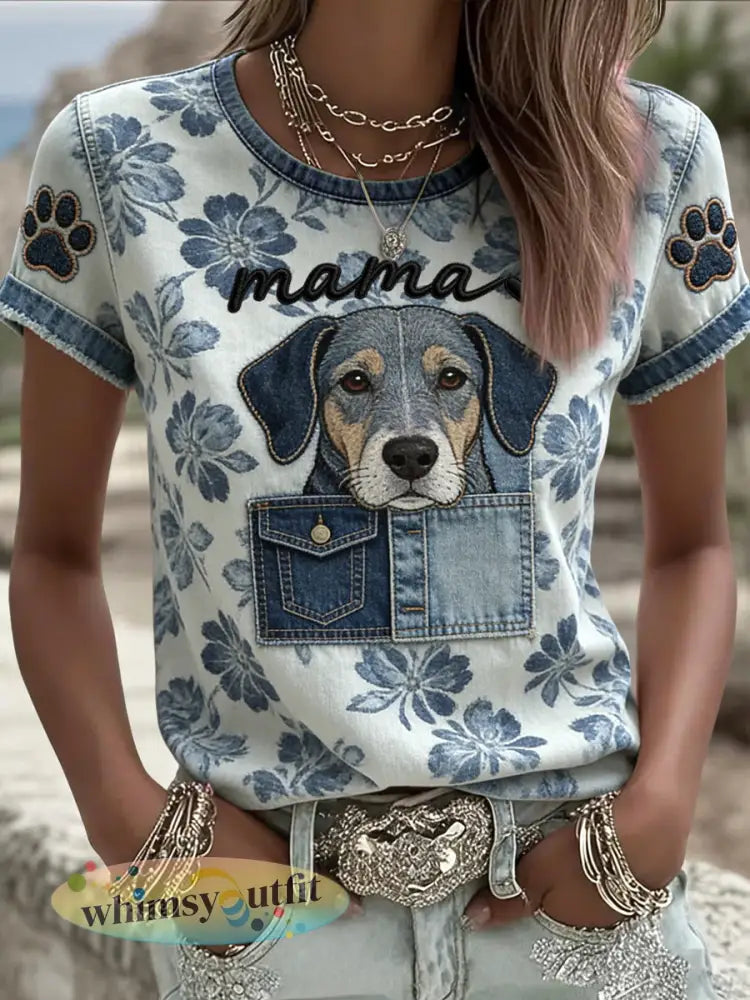 Vintage Moederdag Hond Bloemenkunst Casual T-shirt - Blauw / S
