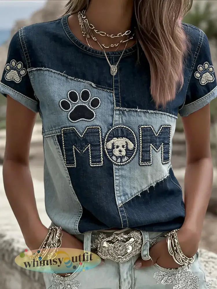 Vintage Moederdag Hond Patchwork Kunst Casual T-shirt - Blauw / S