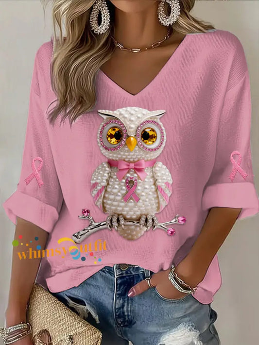 Vintage Owl Pearl Diamond Abstract Print Casual Cotton Waffle Long Sleeve T Shirt Pink / S