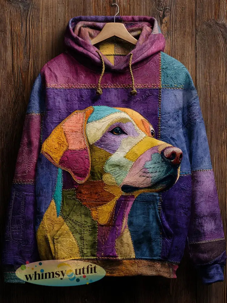Vintage patchwork hondendessin kunst casual hoodie - als foto / S