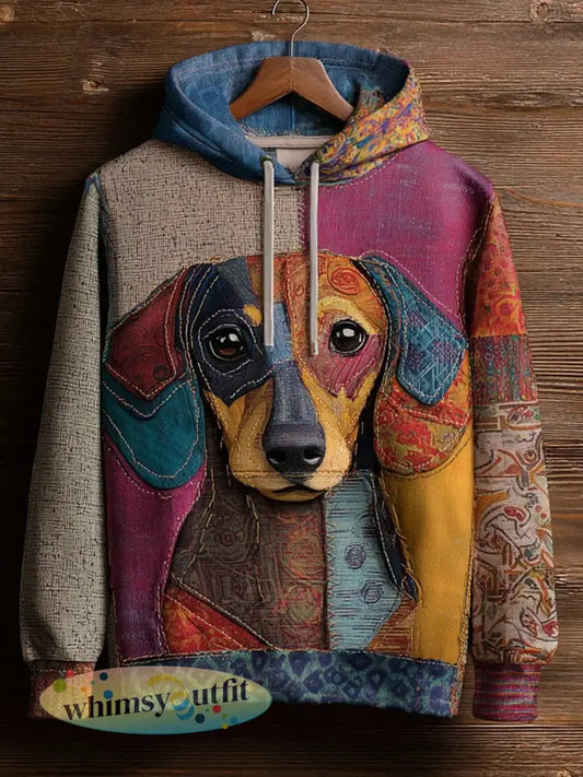 Vintage patchwork hondenprint kunst casual hoodie - als foto / S