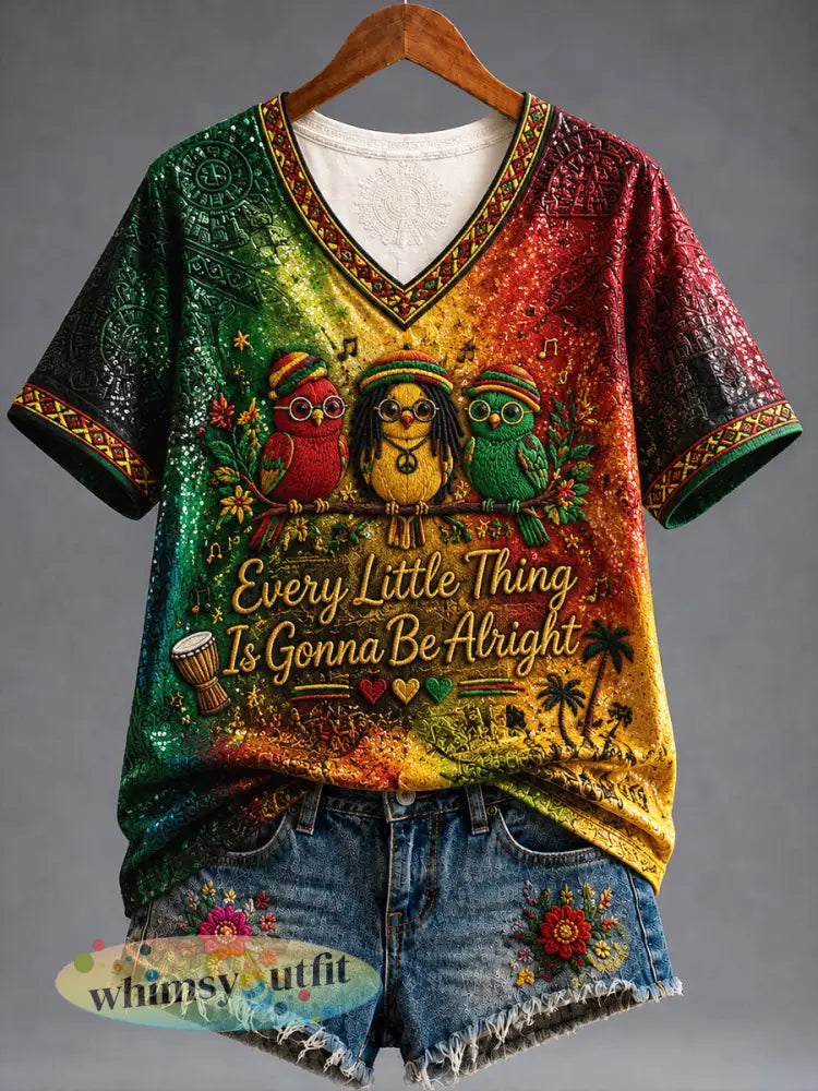 Vintage Reggae-Themed Casual V-hals T-shirt - als foto / S
