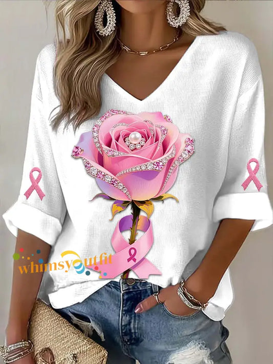 Vintage Rose Pearl Breast Cancer Print Casual Cotton Long Sleeve T Shirt White / S