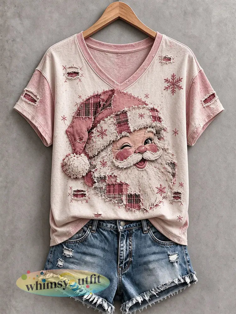 Vintage roze kerstman T-shirt voor dames - Roze / S