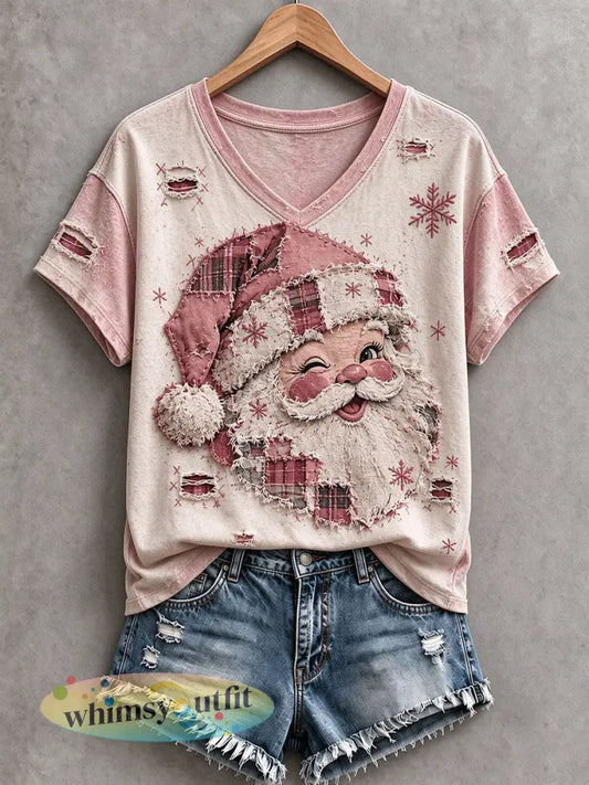 Vintage roze kerstman T-shirt voor dames - Roze / S