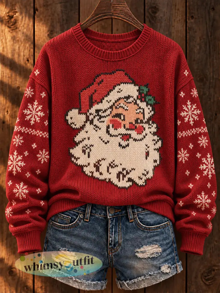 Vintage sweater met kerstman print voor dames - Rood / S