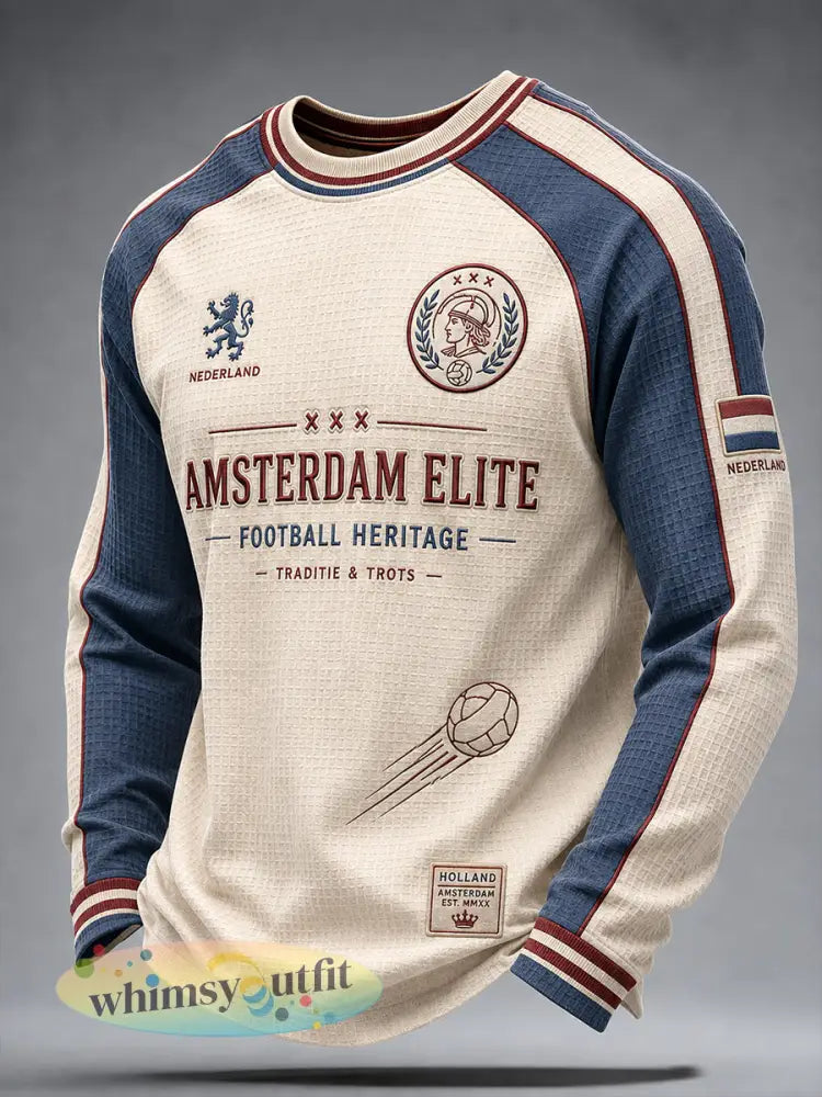 Voetbalthema-geprinte wafelgebreide raglan-top met lange mouwen voor heren - A / S