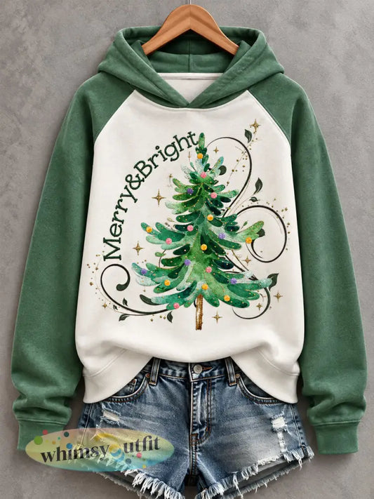 Vrolijke en heldere kerstboomprint casual hoodie voor dames - Groen / S
