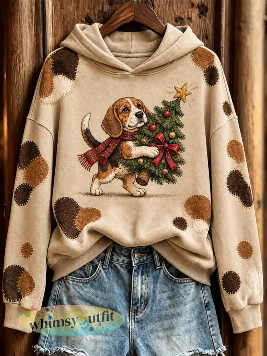 Vrouwen Beagle And Kerstboom Patroon Causale Hoodie - Abrikoos / S