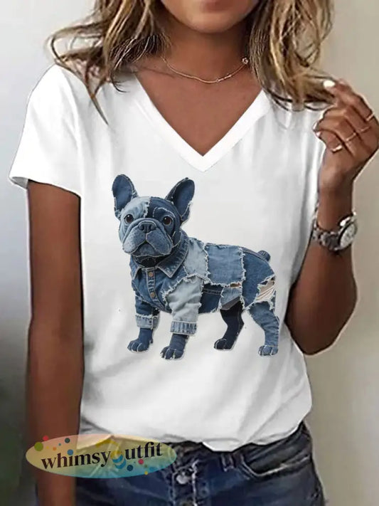 Vrouwen Bulldog Patroon Patchwork Art V-hals T-shirt - Wit / S