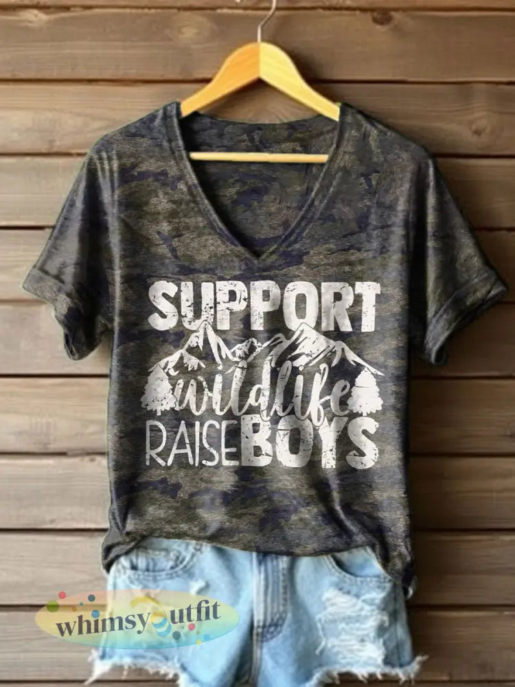 Vrouwen Grappige Moederdag Ondersteuning Wildlife Raise Boys Gedrukt T-shirt - Camouflage / S