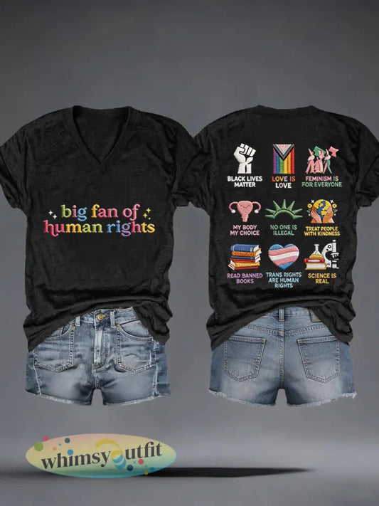 Vrouwen grote fan van mensenrechten borduurwerk patroon V-hals T-shirt - zwart / S