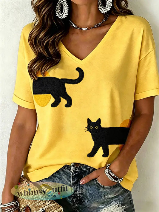 Vrouwen kat patroon V-hals T-shirt - Geel / S